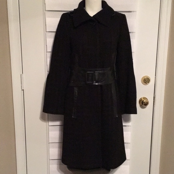 Mackage Black long wool blend with REAL LEATHER BELTS n TRIM NWT - Picture 7 of 17